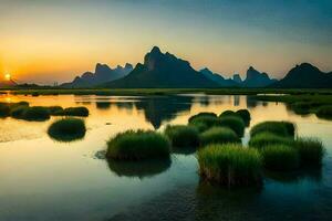 de zonsopkomst over- de li rivier. ai-gegenereerd foto