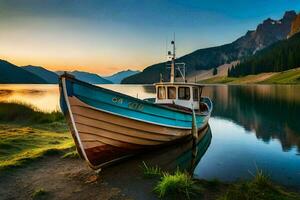 een boot zit Aan de kust van een meer Bij zonsondergang. ai-gegenereerd foto