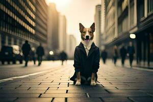 een hond zittend Aan de straat in een pak. ai-gegenereerd foto