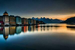 de zonsondergang over- lofoten eiland. ai-gegenereerd foto