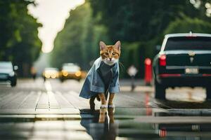 een kat in een pak wandelen Aan een nat straat. ai-gegenereerd foto