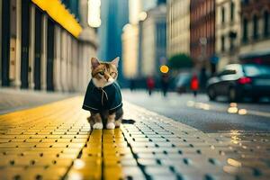 een kat is staand Aan een stad straat. ai-gegenereerd foto