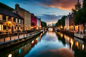 een kanaal in een stad Bij schemer met gebouwen en lichten. ai-gegenereerd foto