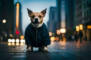 een hond vervelend een jasje Aan een stad straat. ai-gegenereerd foto