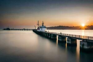 een lang blootstelling fotograaf van een pier Bij zonsondergang. ai-gegenereerd foto