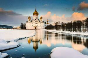 de het kremlin in winter met sneeuw en water. ai-gegenereerd foto