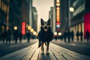 een hond staand Aan een straat in de stad. ai-gegenereerd foto