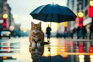 een kat is staand onder een paraplu in de regen. ai-gegenereerd foto