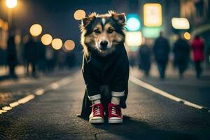 een hond vervelend rood schoenen en een jas zittend Aan de straat. ai-gegenereerd foto