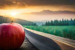 een rood appel Aan een houten bord in voorkant van een zonsondergang. ai-gegenereerd foto