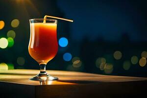 een glas van oranje sap met een rietje Aan een tafel. ai-gegenereerd foto