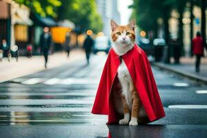 een kat vervelend een rood kaap Aan de straat. ai-gegenereerd foto