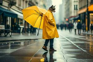 een persoon in een geel regenjas Holding een paraplu. ai-gegenereerd foto