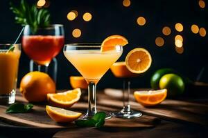 cocktails Aan een houten tafel met oranje plakjes. ai-gegenereerd foto