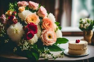 een boeket van bloemen en een taart Aan een tafel. ai-gegenereerd foto