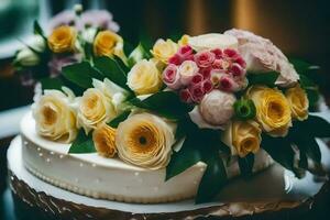 een bruiloft taart met geel en roze bloemen. ai-gegenereerd foto
