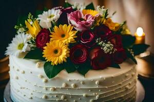 een wit bruiloft taart met kleurrijk bloemen. ai-gegenereerd foto