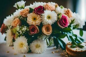 een boeket van bloemen en een taart Aan een tafel. ai-gegenereerd foto