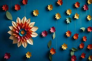 kleurrijk papier bloemen hangende van een blauw muur. ai-gegenereerd foto