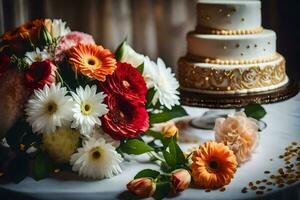 een bruiloft taart en bloemen Aan een tafel. ai-gegenereerd foto