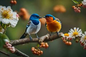 twee vogelstand zijn zittend Aan een Afdeling met bloemen. ai-gegenereerd foto