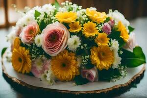 een boeket van bloemen Aan een houten tafel. ai-gegenereerd foto