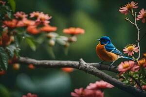 een blauw en oranje vogel zit Aan een Afdeling met roze bloemen. ai-gegenereerd foto