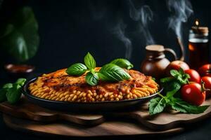 Italiaans pasta met tomaat saus en basilicum bladeren Aan een zwart achtergrond. ai-gegenereerd foto