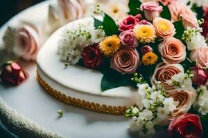 een bruiloft taart met bloemen Aan top. ai-gegenereerd foto