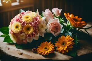 een boeket van bloemen zittend Aan een houten tafel. ai-gegenereerd foto