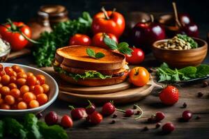 een belegd broodje met tomaten, sla en andere groenten. ai-gegenereerd foto