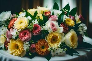 een boeket van bloemen Aan een tafel. ai-gegenereerd foto