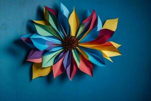 een kleurrijk bloem gemaakt uit van papier Aan een blauw muur. ai-gegenereerd foto