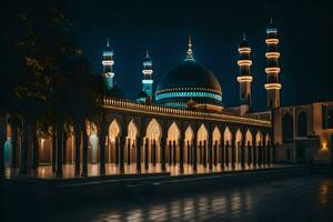 de moskee Bij nacht met blauw lichten. ai-gegenereerd foto