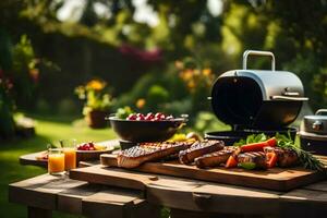 een barbecue rooster met voedsel Aan het in de tuin. ai-gegenereerd foto