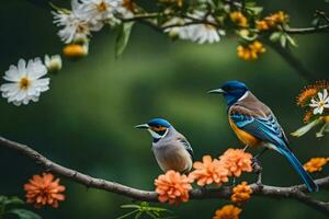 twee vogelstand zittend Aan een Afdeling met bloemen. ai-gegenereerd foto