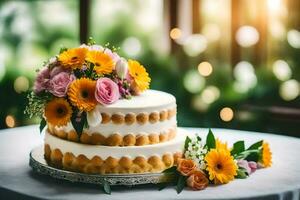 een bruiloft taart met bloemen Aan top. ai-gegenereerd foto