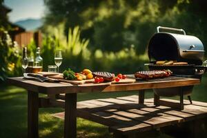 een barbecue rooster Aan een tafel met voedsel en wijn. ai-gegenereerd foto