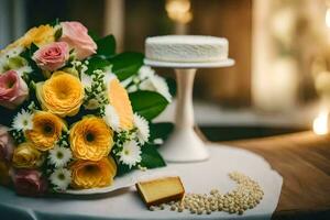 een boeket van geel en wit bloemen zit Aan een tafel De volgende naar een taart. ai-gegenereerd foto