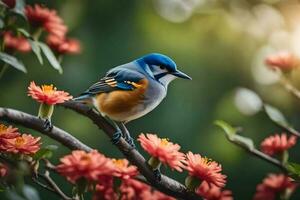 een blauw en oranje vogel zit Aan een Afdeling. ai-gegenereerd foto