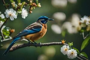 een blauw en oranje vogel zit Aan een Afdeling met wit bloemen. ai-gegenereerd foto