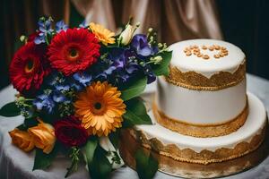 een bruiloft taart met kleurrijk bloemen Aan top. ai-gegenereerd foto