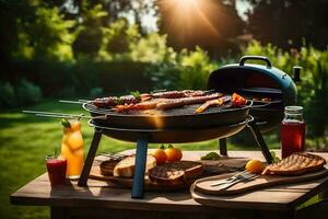 een barbecue rooster met voedsel en drankjes Aan het. ai-gegenereerd foto