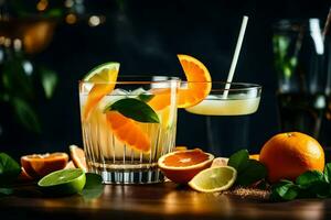 oranje en limoen cocktail met munt bladeren en munt takjes. ai-gegenereerd foto