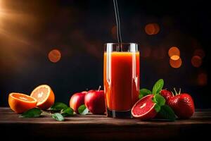 een glas van oranje sap met aardbeien en sinaasappelen. ai-gegenereerd foto