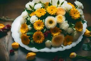 geel en wit bloemen Aan een bord. ai-gegenereerd foto