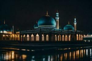 de moskee Bij nacht met blauw koepels. ai-gegenereerd foto