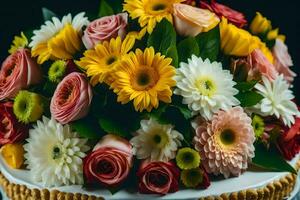 een taart met bloemen Aan top van het. ai-gegenereerd foto