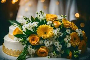 een bruiloft taart met geel bloemen en wit madeliefjes. ai-gegenereerd foto