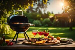 een barbecue rooster met voedsel en drankjes Aan een tafel. ai-gegenereerd foto
